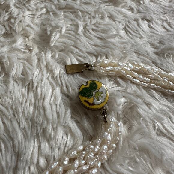 Vintage 6 Strand Freshwater Rice Irregular Pearl Necklace Cloisonne Closure - Picture 7 of 8
